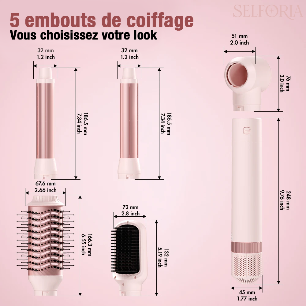 Selforia AirGlow 5-en-1 - Séchage Express, Lissage, Boucles Automatiques & Volume Professionnel